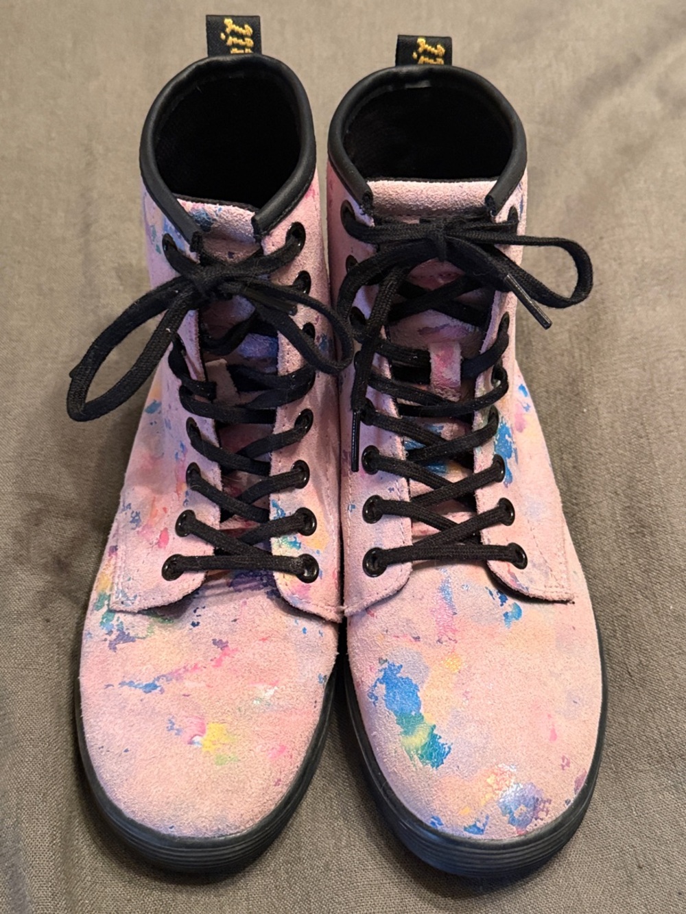 Dr. Martens Pink Sheridan Confetti Suede Lace-Up Boots with Multicolor Paint